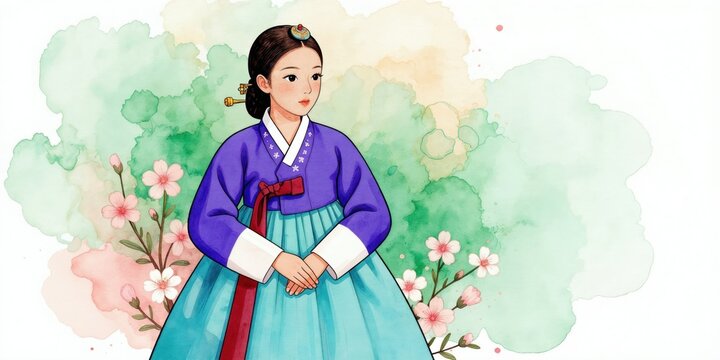 Young Korean woman wears traditional purple hanbok with blue skirt and pink flowers. Elegant pose, graceful character illustration in watercolor style, cultural beauty.