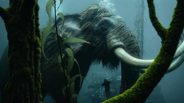 Majestic woolly mammoth swimming gracefully through ancient underwater forest in prehistoric nature scene
