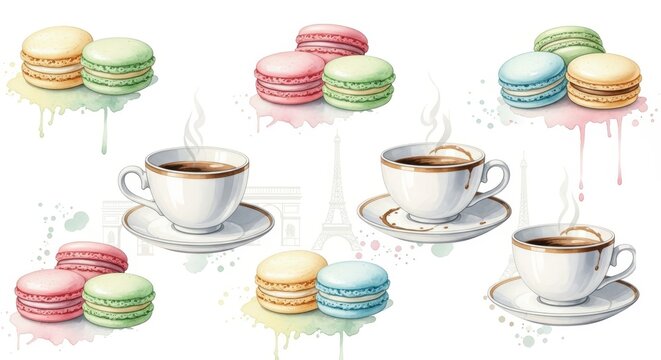 Assorted colorful french macarons and tea cups watercolor set france pattern with france pattern