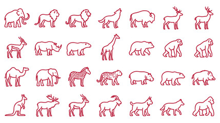 Set of wild animals line icons isolated on white background, mammoths, lions, wolves. © jubayer95