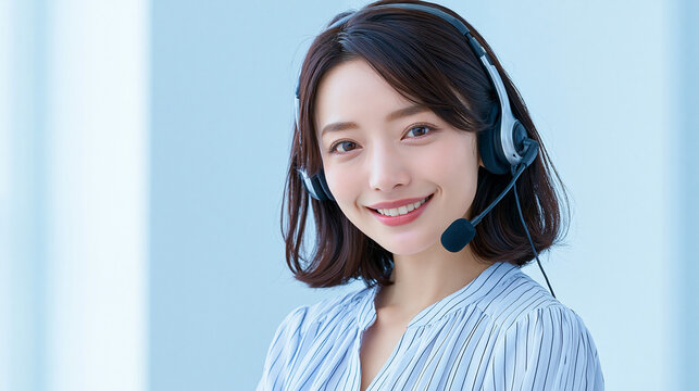 Professional Customer Support: A friendly female customer service representative with a headset smiles warmly, ready to assist, embodying helpfulness and expertise in her role.