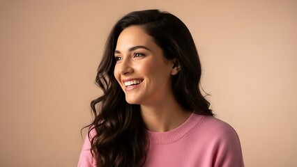 Fototapeta premium A smiling young woman with long dark hair looking away in soft studio light