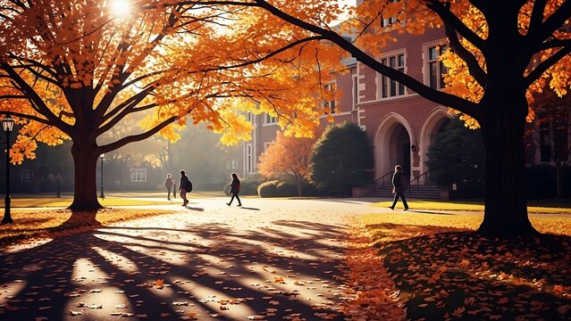 Students walking on a university campus path during a beautiful autumn day