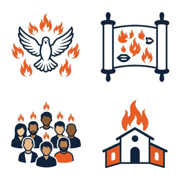 Pentecost Christian Icons Set Featuring Holy Spirit Dove Fire Tongues Church and Biblical Scroll.