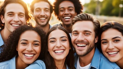 Obraz premium A joyful group of diverse young friends smiling together for a selfie photo