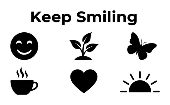 Keep Smiling Icons: Smile, Plant, Butterfly, Coffee, Heart, Sunrise, Silhouette, Flat