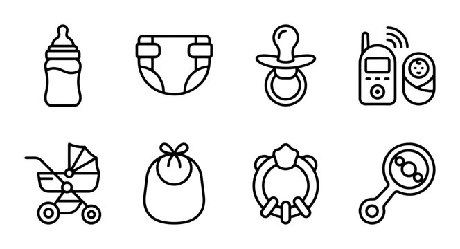 Baby Care Icons Set, Outline Style, for Newborn Essentials and Parenting