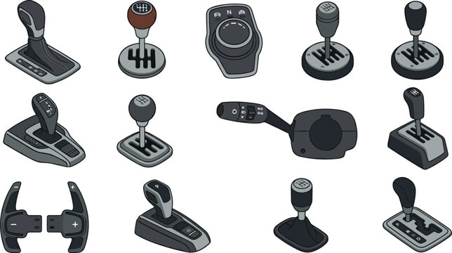 Car Gear Shift Knob Vector Set with Manual and Automatic Transmission Shifters Paddle Switched and Automotive Interior Spare Part Designs