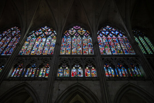 Gothic clerestory stained glass inside Troyes Cathedral