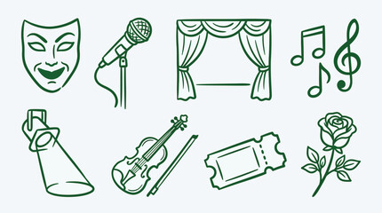 Collection of artistic and performance icons including a theater mask, microphone, stage curtains, music notes, spotlight, violin, ticket, and rose. © logan