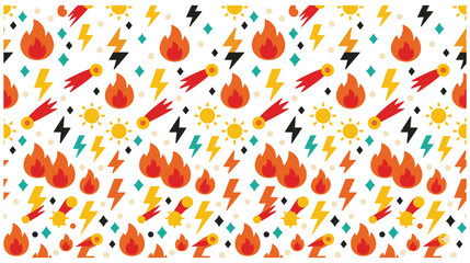Seamless pattern with weather elements, meteorites, sun, flames, and lightning bolts. © jubayer95