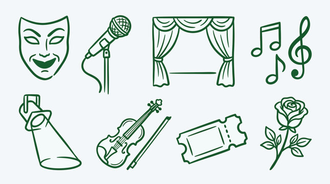 Collection of artistic and performance icons including a theater mask, microphone, stage curtains, music notes, spotlight, violin, ticket, and rose.