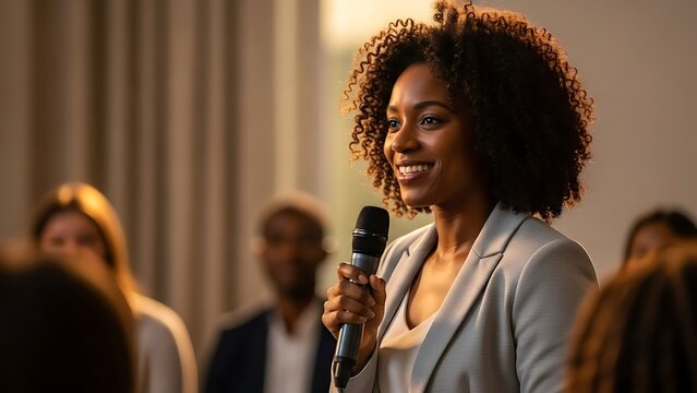 A confident woman speaking into a microphone at a professional conference