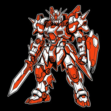 Futuristic Red and White Giant Mecha Robot Warrior Holding a Sword and Shield.