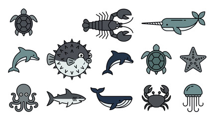 Ocean Sea Life Collection: Dolphin, Shark, Turtle, Lobster, Narwhal, Jellyfish, Octopus © Yaskur