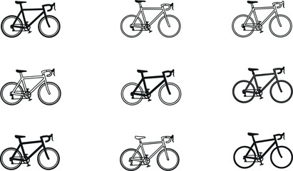Obraz premium Road bicycle outline icon collection with different racing bike silhouettes for cycling sport and transportation design