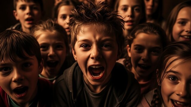 A young person screaming in fear surrounded by a crowd of dark silhouettes