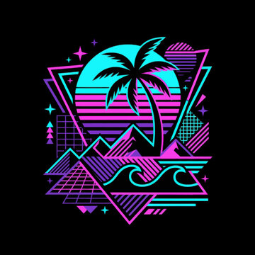 Retro synthwave neon landscape with palm tree sun and geometric mountains in vibrant purple and blue.