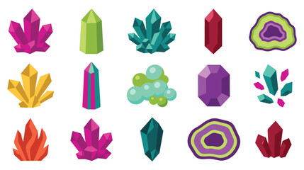 Crystal icons collection decorative colorful gemstones and minerals abstract art elements. © jubayer95