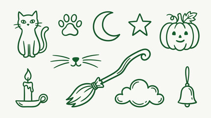Obraz premium Collection of cute hand-drawn Halloween icons including a cat, pumpkin, broom, and moon.