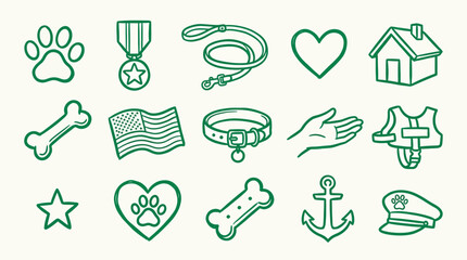 Fototapeta premium Collection of Line Art Icons Representing Dogs and Pet Care Elements.
