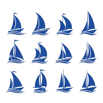 Collection of blue sailboat icons for nautical design.