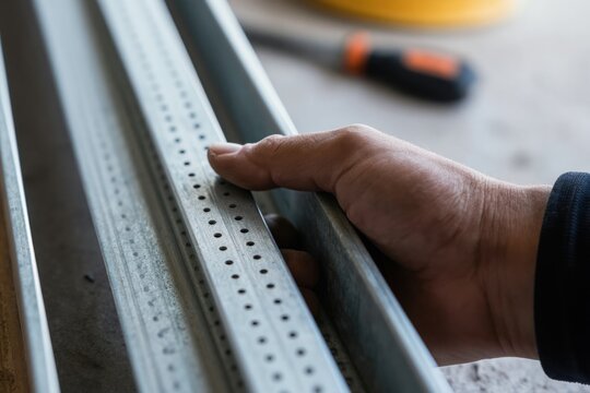 Hand holding steel stud for suspended ceiling construction. Metal profile part for interior building system during residential renovation work.