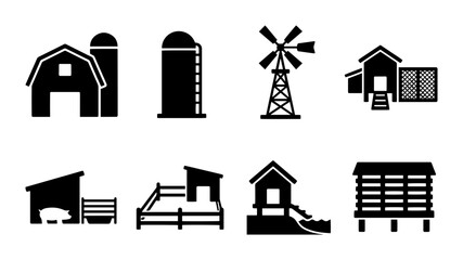 Farm buildings icon set barn, silo, windmill, coop, outline, solid, color styles © pixpond