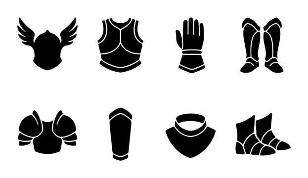 Medieval armor icon set helmet, chestplate, gloves, boots, pauldrons, greaves, gorget, footwear outline, solid and color styles