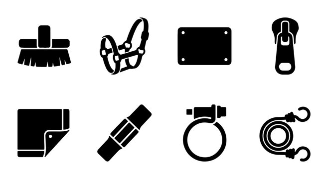 Equestrian gear icon set horse tack, brush, halter, zipper, rope, white background