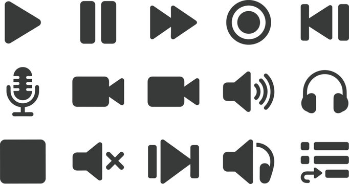 Minimalist Multimedia Player Interface Button Vector Icon Set with Play Pause Forward and Audio Control Symbols for App UI Designs