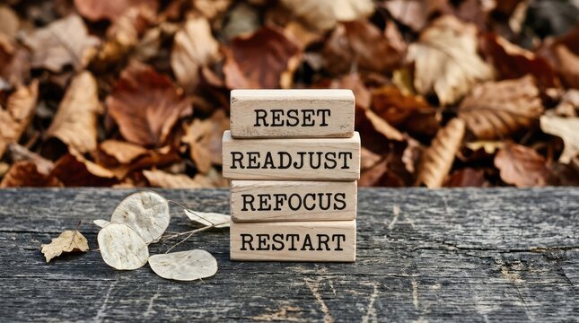 Four stacked wooden blocks displaying motivational words reset readjust refocus and restart on weathered rustic wood
