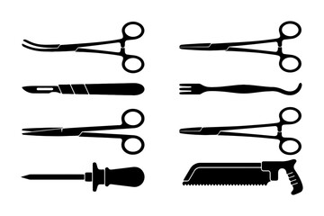 Fototapeta premium Medical Surgical Instruments Silhouette Icons, Flat, for Healthcare and Surgery