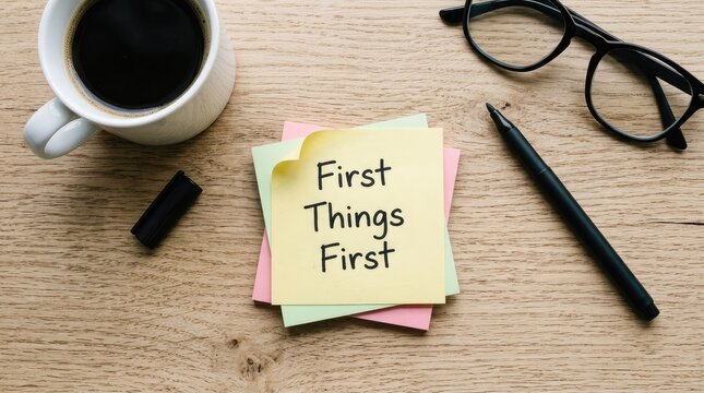 Yellow sticky note with first things first message placed on a rustic wooden office desk