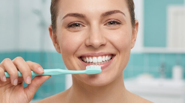 Happy young woman brushing her teeth with a toothbrush, promoting oral hygiene and a bright smile