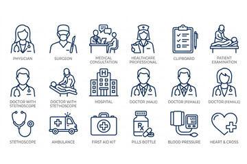 Fototapeta premium set Healthcare Staff and Hospital Line Icons Collection