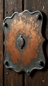 An old, corroded door hinge on a wooden panel.