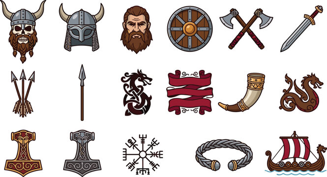 Viking Warrior Icon Set with Horned Helmets Axes Shield Longship Dragon Symbols and Thor Hammer for Nordic Mythology Fantasy Game Designs