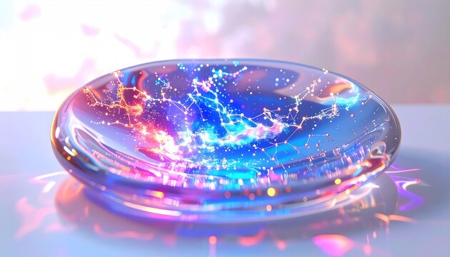 A clear, shallow dish refracts vibrant light and internal network patterns
