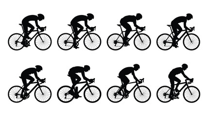 Obraz premium Set of eight black silhouettes of cyclist riding a road bicycle isolated on white background showing animation frame sequence