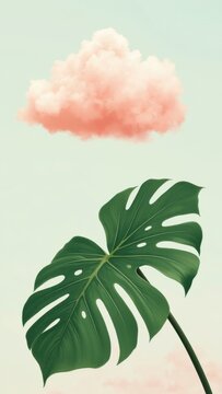 A whimsical digital artwork featuring a pink cloud against a backdrop of sky, with a single palm leaf blowing in the breeze.