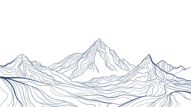 Minimalist abstract blue line art illustration of mountain range peaks with topography curves and wavy parallel lines over white background