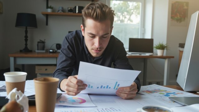 A man in business attire is deeply engrossed in analyzing data on a computer screen. His workspace is well-equipped with office supplies and equipment.