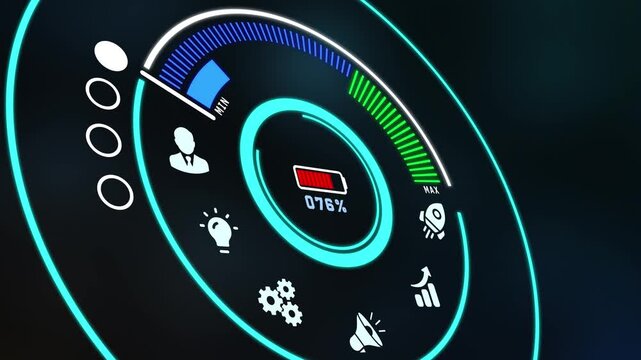 Digital digitization concept depicted on futuristic HUD dashboard interface with business icons and battery charge