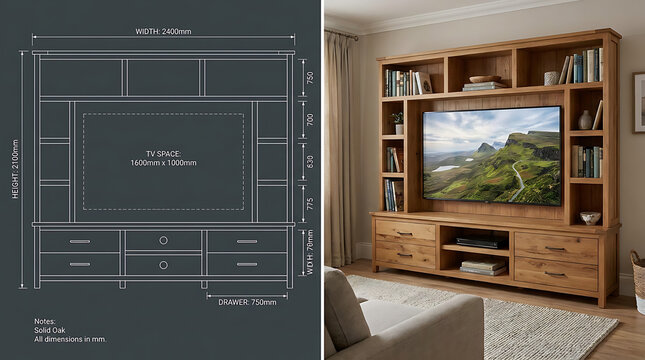 Wooden television entertainment center with detailed dimensions and a displayed television in a living room setting furniture wood oak unit
