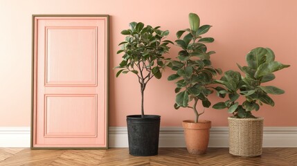 Fototapeta premium Three potted indoor foliage plants sit beside a tall framed decorative panel against a salmon colored wall.