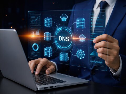 DNS server management: A businessman in a suit manages DNS records on a holographic interface, displaying server connections and data flow.
