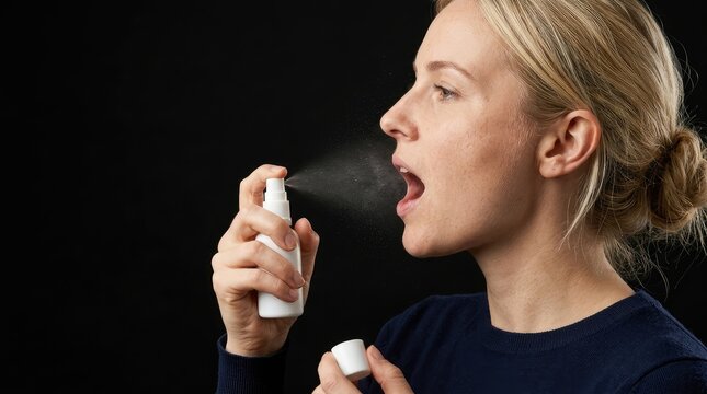 Blonde woman uses a refreshing oral spray to soothe her throat against a black background