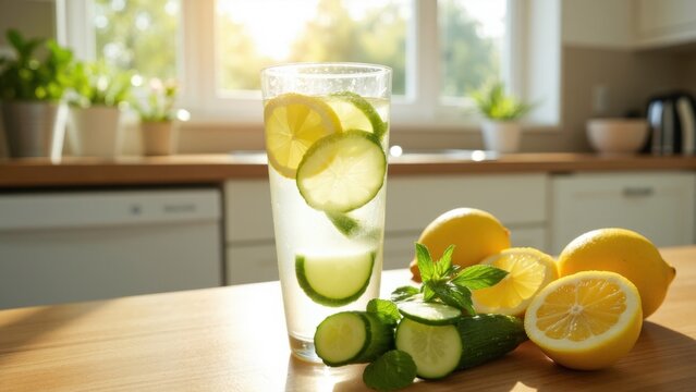 A refreshing summer beverage featuring cucumber slices, lemon slices, and freshly squeezed water.