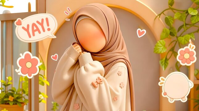 Cute Hijab Girl Excited Yay Pose in Pastel Arch